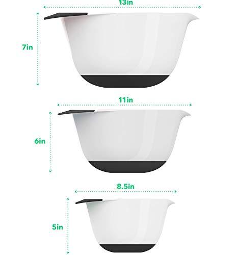 Vremi 3 Piece Plastic Mixing Bowl Set - Nesting Mixing Bowls with Rubber Grip Handles Easy Pour Spout and Non Slip Bottom - Three Sizes Small Large Capacity for Kitchen Baking or Salad - White Multi