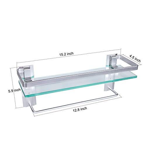Vdomus Tempered Glass Bathroom Shelf with Towel Bar Wall Mounted Shower storage15.2 by 4.5 inches, Brushed Silver Finish (1 Tier Glass Shelf)
