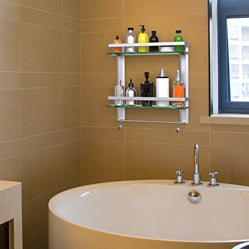 Vdomus Tempered Glass Bathroom Shelf with Towel Bar Wall Mounted Shower storage15.2 by 4.5 inches, Brushed Silver Finish (1 Tier Glass Shelf)