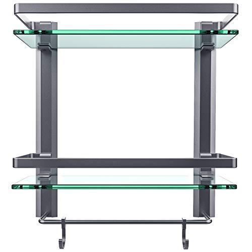 Vdomus Tempered Glass Bathroom Shelf with Towel Bar Wall Mounted Shower storage15.2 by 4.5 inches, Brushed Silver Finish (1 Tier Glass Shelf)
