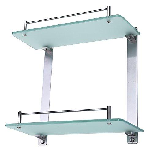 HOMEIDEAS 14-Inch Bathroom Frosted Glass Shelf Brushed Nickel Shelf Stainless Steel Lavatory 2 Tiers Tempered Glass Wall Mounted Shelf
