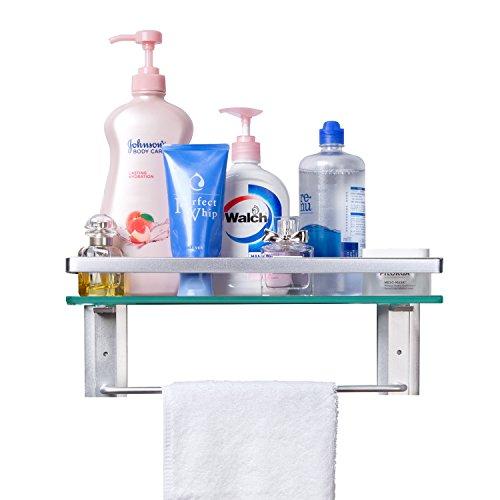 Vdomus Tempered Glass Bathroom Shelf with Towel Bar Wall Mounted Shower storage15.2 by 4.5 inches, Brushed Silver Finish (1 Tier Glass Shelf)