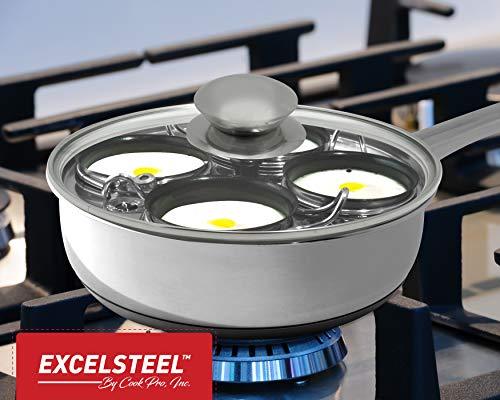 ExcelSteel 521 Non Stick Easy Use Rust Resistant Home Kitchen Breakfast Brunch Induction Cooktop Egg Poacher, 4 Cups, 18/10 Stainless Steel