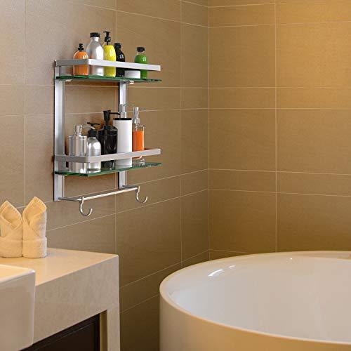 Vdomus Tempered Glass Bathroom Shelf with Towel Bar Wall Mounted Shower storage15.2 by 4.5 inches, Brushed Silver Finish (1 Tier Glass Shelf)