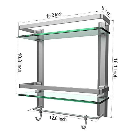 Vdomus Tempered Glass Bathroom Shelf with Towel Bar Wall Mounted Shower storage15.2 by 4.5 inches, Brushed Silver Finish (1 Tier Glass Shelf)