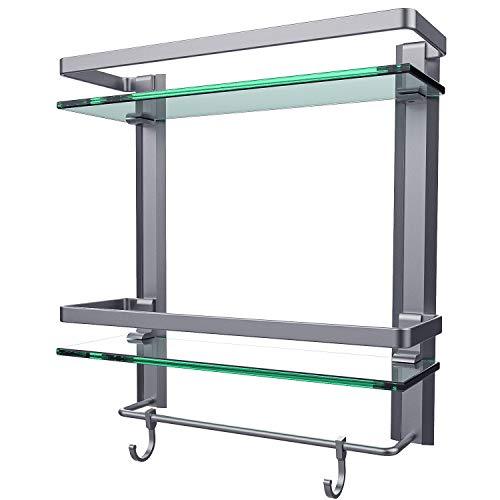 Vdomus Tempered Glass Bathroom Shelf with Towel Bar Wall Mounted Shower storage15.2 by 4.5 inches, Brushed Silver Finish (1 Tier Glass Shelf)