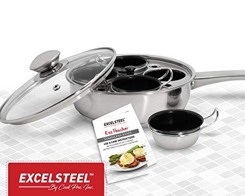 ExcelSteel 521 Non Stick Easy Use Rust Resistant Home Kitchen Breakfast Brunch Induction Cooktop Egg Poacher, 4 Cups, 18/10 Stainless Steel