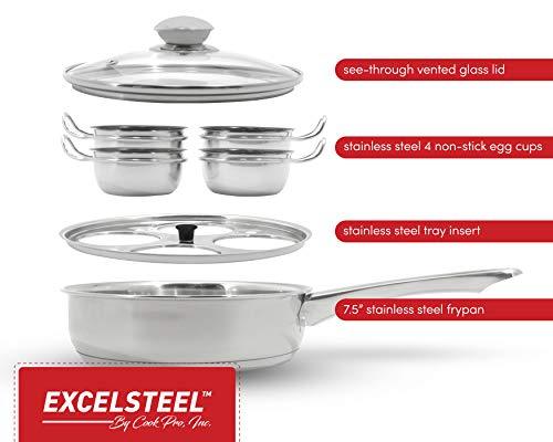ExcelSteel 521 Non Stick Easy Use Rust Resistant Home Kitchen Breakfast Brunch Induction Cooktop Egg Poacher, 4 Cups, 18/10 Stainless Steel