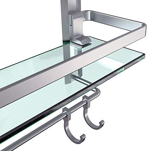 Vdomus Tempered Glass Bathroom Shelf with Towel Bar Wall Mounted Shower storage15.2 by 4.5 inches, Brushed Silver Finish (1 Tier Glass Shelf)