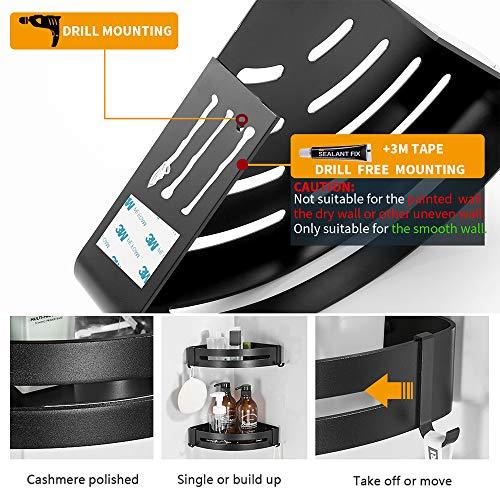 BESy Shower Corner Caddy Bathroom Shower Corner Shelf with Two Hooks, Self Adhesive with Glue or Wall Mount with Screws,Heavy Duty Aluminum 3 Tier Storage Shelves Triangle Baskets,Dull Polished Silver