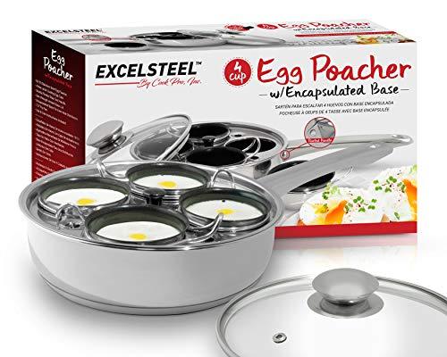 ExcelSteel 521 Non Stick Easy Use Rust Resistant Home Kitchen Breakfast Brunch Induction Cooktop Egg Poacher, 4 Cups, 18/10 Stainless Steel