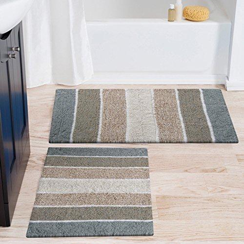 Chardin Home - 100% Pure Cotton - 2 Piece Cordural Stripe Bath Rug Set, (21''x34'' & 17''x24'') Gray-Beige with Latex spray non-skid backing