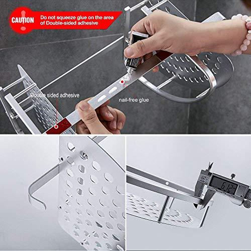 Hoomtaook Double Corner Shower Caddy Bathroom Shelf Wall Mount Rustproof Nail Free Glue+Double Sided Adhesive Aluminum with Two Hooks 2 Tiers(Silver)