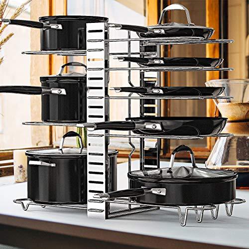 GeekDigg Pot Rack Organizer, 3 DIY Methods, Height and Position are Adjustable 8+ Pots Holder, Black Metal Kitchen Cabinet Pantry Pot Lid Holder