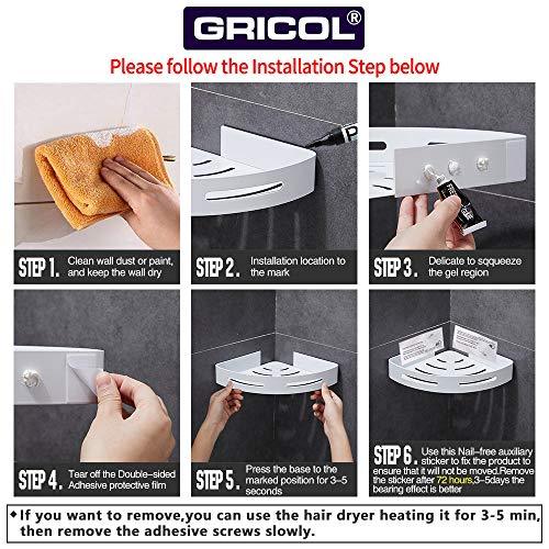 Gricol Bathroom Shower Shelf Triangle Wall Shower Caddy Space Aluminum Self Adhesive No Damage Wall Mount, 2 Pack
