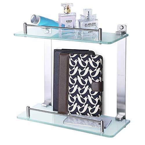 HOMEIDEAS 14-Inch Bathroom Frosted Glass Shelf Brushed Nickel Shelf Stainless Steel Lavatory 2 Tiers Tempered Glass Wall Mounted Shelf