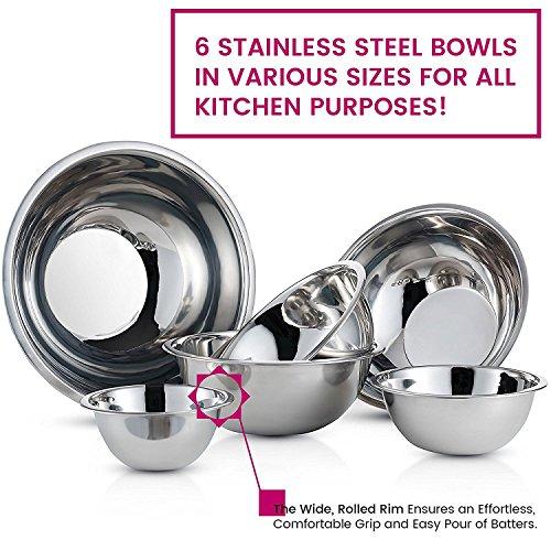 Stainless Steel Mixing Bowls by Finedine (Set of 6) Polished Mirror Finish Nesting Bowl, ¾ - 1.5-3 - 4-5 - 8 Quart - Cooking Supplies