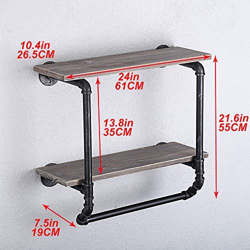 Ucared Industrial Pipe Shelves 2 Tiers Wall Mounted Shelves,Rustic Wall Shelf with Towel Bar,24" Towel Racks for Bathroom Organizer Storage,Wood Metal Wall Mounted Hanging Shelves