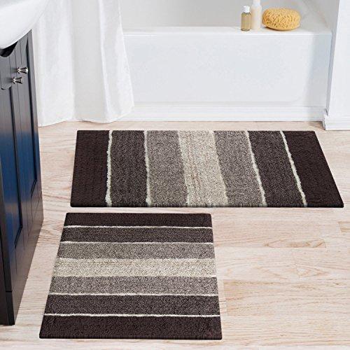 Chardin Home - 100% Pure Cotton - 2 Piece Cordural Stripe Bath Rug Set, (21''x34'' & 17''x24'') Gray-Beige with Latex spray non-skid backing