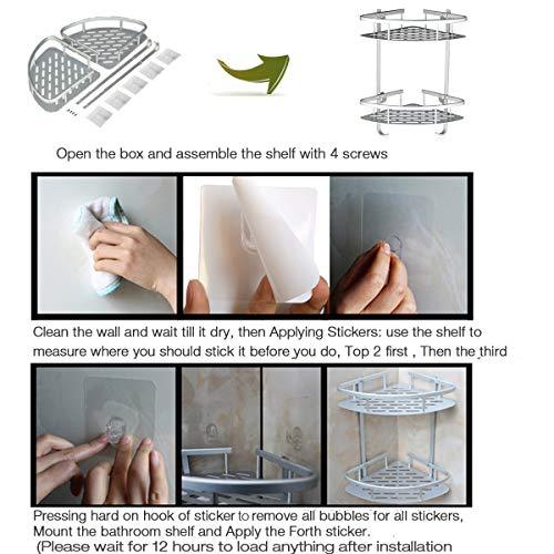 Lancher Bathroom Shelf (No Drilling) Durable Aluminum 2 Tiers Shower Shelf Kitchen Storage Basket Adhesive Suction Corner Shelves Shower Caddy