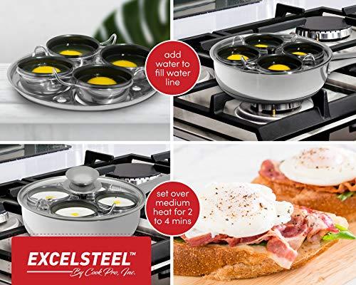 ExcelSteel 521 Non Stick Easy Use Rust Resistant Home Kitchen Breakfast Brunch Induction Cooktop Egg Poacher, 4 Cups, 18/10 Stainless Steel
