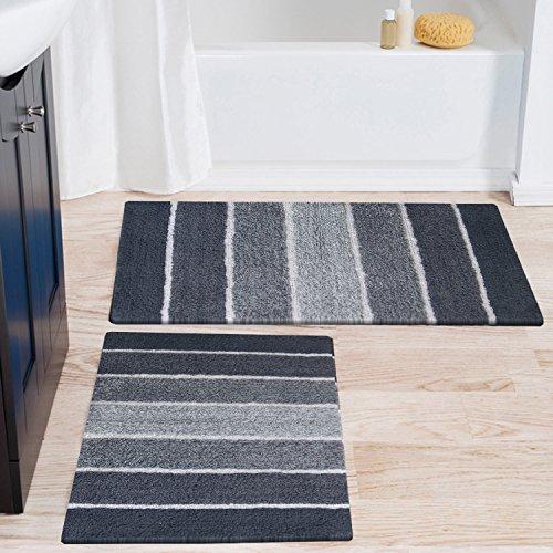 Chardin Home - 100% Pure Cotton - 2 Piece Cordural Stripe Bath Rug Set, (21''x34'' & 17''x24'') Gray-Beige with Latex spray non-skid backing