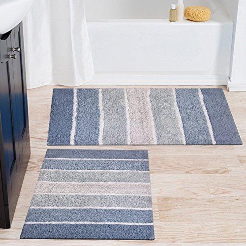 Chardin Home - 100% Pure Cotton - 2 Piece Cordural Stripe Bath Rug Set, (21''x34'' & 17''x24'') Gray-Beige with Latex spray non-skid backing