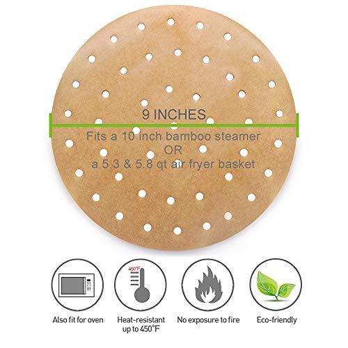 100pcs Air Fryer Liners, Vancens 9 inch Bamboo Steamer Liners, Premium Perforated Parchment Paper Sheets, Non-stick Basket Mat, Perfect for 5.3 & 5.8 QT Air Fryers/Steaming/Baking/Cooking