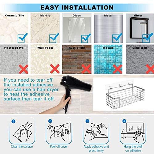 Adhesive Bathroom Shelf Organizer Shower Caddy Kitchen Storage Rack Wall Mounted No Drilling SUS304 Stainless Steel - 2 PACK