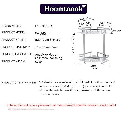 Hoomtaook Double Corner Shower Caddy Bathroom Shelf Wall Mount Rustproof Nail Free Glue+Double Sided Adhesive Aluminum with Two Hooks 2 Tiers(Silver)
