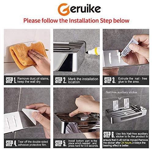 GERUIKE Bathroom Shower Shelf Wall Mounted Stainless Steel Rectangular Caddy Organizer Rustproof Self Adhesive