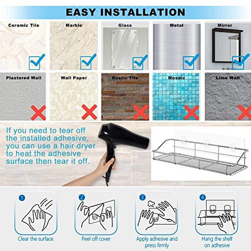 Adhesive Bathroom Shelf Organizer Shower Caddy Kitchen Storage Rack Wall Mounted No Drilling SUS304 Stainless Steel - 2 PACK