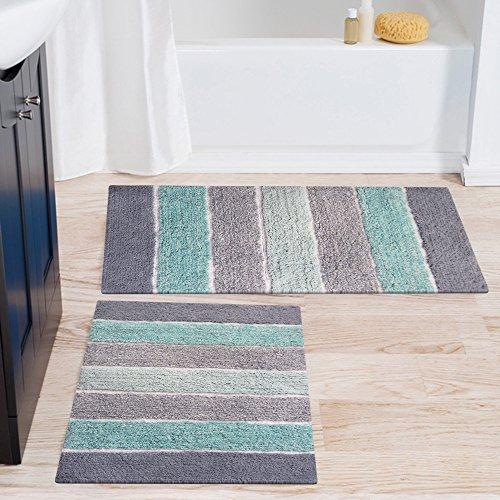 Chardin Home - 100% Pure Cotton - 2 Piece Cordural Stripe Bath Rug Set, (21''x34'' & 17''x24'') Gray-Beige with Latex spray non-skid backing