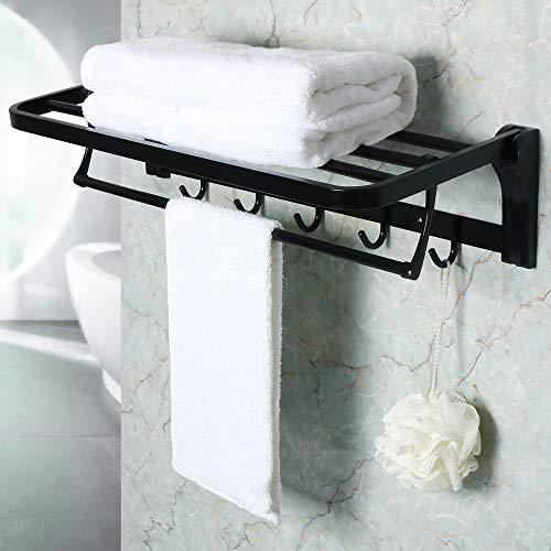 Alise Towel Rack Bathroom Folding Shelf with Swing Towel Bar and 5 Hooks Heavy Duty Wall Mount,SUS304 Stainless Steel Matte Black