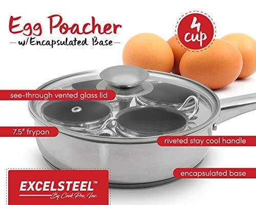 ExcelSteel 521 Non Stick Easy Use Rust Resistant Home Kitchen Breakfast Brunch Induction Cooktop Egg Poacher, 4 Cups, 18/10 Stainless Steel