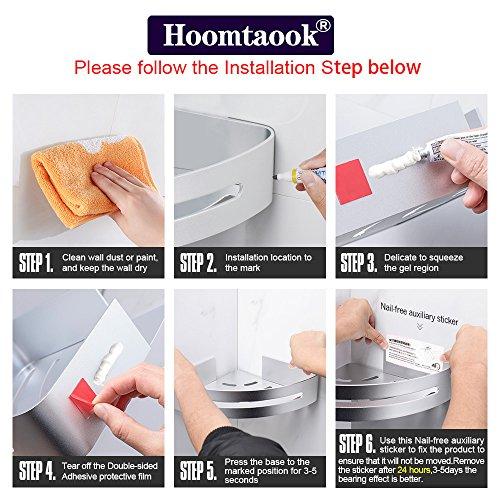 Hoomtaook Double Corner Shower Caddy Bathroom Shelf Wall Mount Rustproof Nail Free Glue+Double Sided Adhesive Aluminum with Two Hooks 2 Tiers(Silver)
