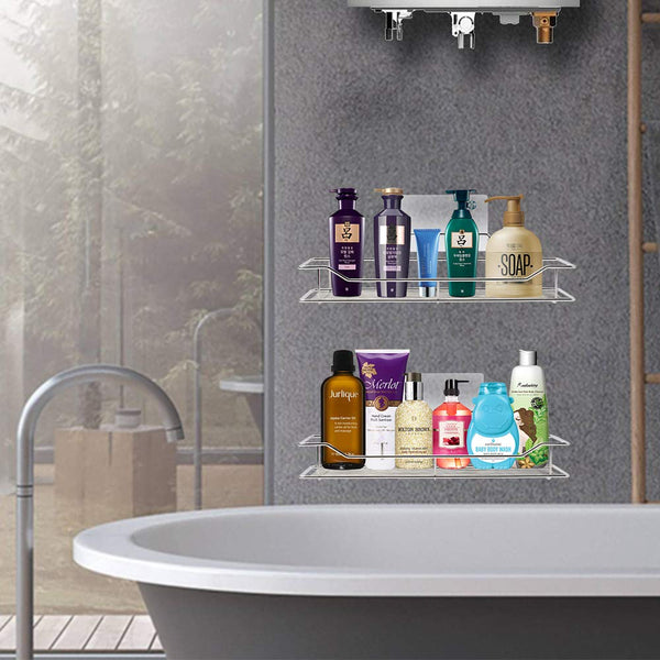 Adhesive Bathroom Shelf Organizer Shower Caddy Kitchen Storage Rack, Wall Mounted, No Drilling, SUS304 Stainless Steel-2 PACK