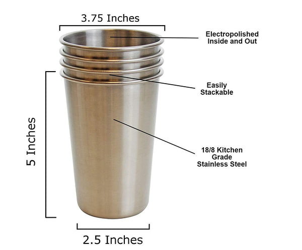 Ziggy V Stainless Steel Cups, 16oz Tumbler Pint Glasses,18/8 Metal Cups BPA Free Cups Set of Four (4)