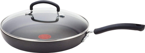 T-fal E91898 Ultimate Hard Anodized Scratch Resistant Titanium Nonstick Thermo-Spot Heat Indicator Anti-Warp Base Dishwasher Safe Oven Safe PFOA Free Glass Lid Cookware, 12-Inch, Gray