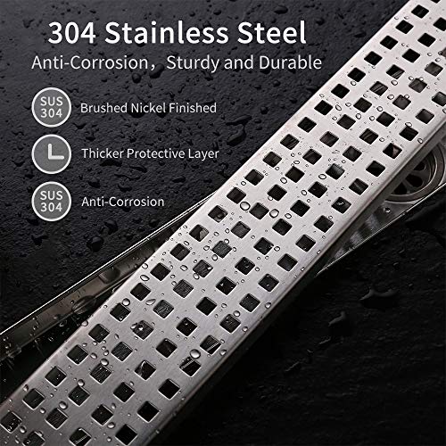 DESFAU 24-Inch Linear Shower Drain with Removable Quadrato Pattern Grate JD47030200BN6US#KL