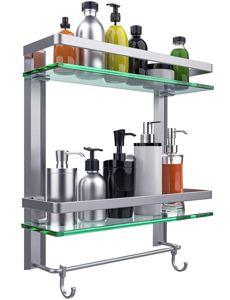 Vdomus Tempered Glass Bathroom Shelf with Towel Bar Wall Mounted Shower storage15.2 by 4.5 inches, Brushed Silver Finish (1 Tier Glass Shelf)