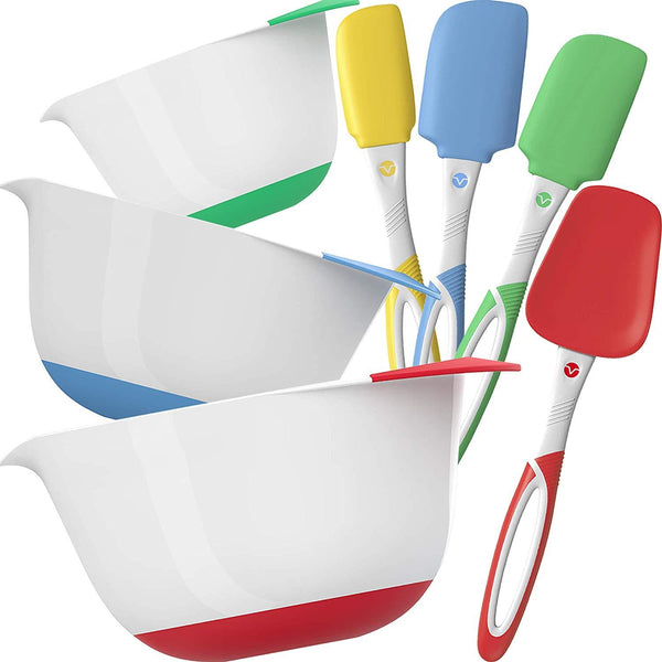 Vremi 3 Piece Plastic Mixing Bowl Set - Nesting Mixing Bowls with Rubber Grip Handles Easy Pour Spout and Non Slip Bottom - Three Sizes Small Large Capacity for Kitchen Baking or Salad - White Multi