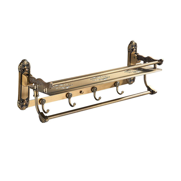 Rozin Art Carved Antique Brass Bathroom Storage Shelf Holder Wall Mounted