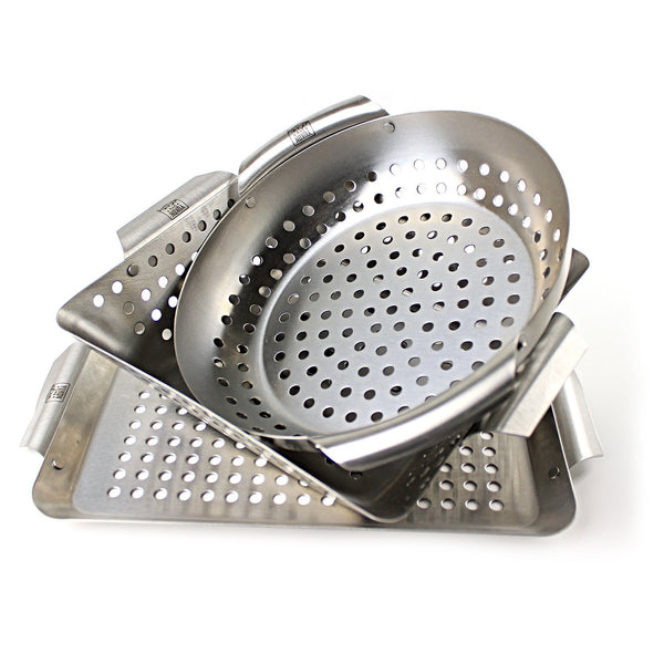 Yukon Glory Set of 3 Professional Barbecue Grilling Baskets Heavy Duty Stainless Steel BBQ Basket, Great Gift for Grillers