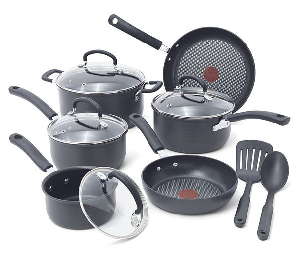 T-fal Hard Anodized Cookware Set, Nonstick Pots and Pans Set, 17 Piece, Thermo-Spot Heat Indicator,  Black