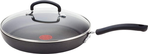 T-fal E91898 Ultimate Hard Anodized Scratch Resistant Titanium Nonstick Thermo-Spot Heat Indicator Anti-Warp Base Dishwasher Safe Oven Safe PFOA Free Glass Lid Cookware, 12-Inch, Gray