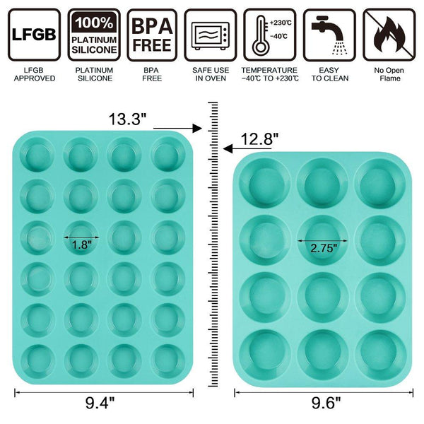 Silicone Muffin Pan Cupcake Set - Mini 24 Cups and Regular 12 Cups Muffin Tin, Nonstick BPA Free Best Food Grade Silicone Molds with Bonus 12 Silicone Baking Cups