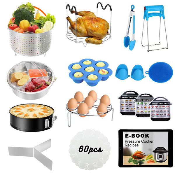Instant Pot Accessories Set, 75 PCS Instant Pot Accessories Compatible with 5,6,8Qt - 60 Pcs Parchment Papers, 2 Steamer Baskets, Non-stick Springform Pan, Egg Rack, Egg Bites Mold, Kitchen Tong, Dish
