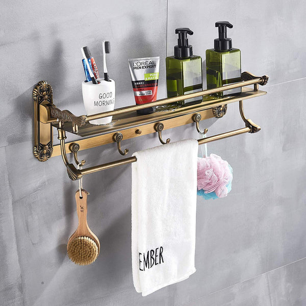 Rozin Art Carved Antique Brass Bathroom Storage Shelf Holder Wall Mounted