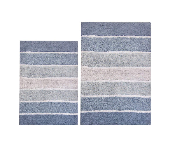 Chardin Home - 100% Pure Cotton - 2 Piece Cordural Stripe Bath Rug Set, (21''x34'' & 17''x24'') Gray-Beige with Latex spray non-skid backing
